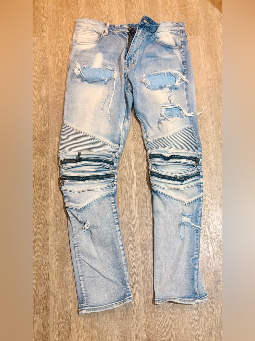 Smoke Rise Men’s 34x32 Distressed Moto Biker Jeans Light Wash Zipper Detail